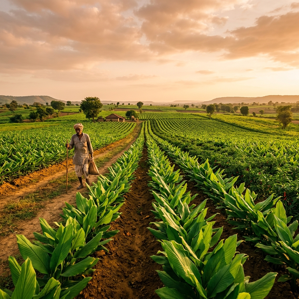 Spice farm fields at origin — turmeric and chilli crops in Madhya Pradesh, India